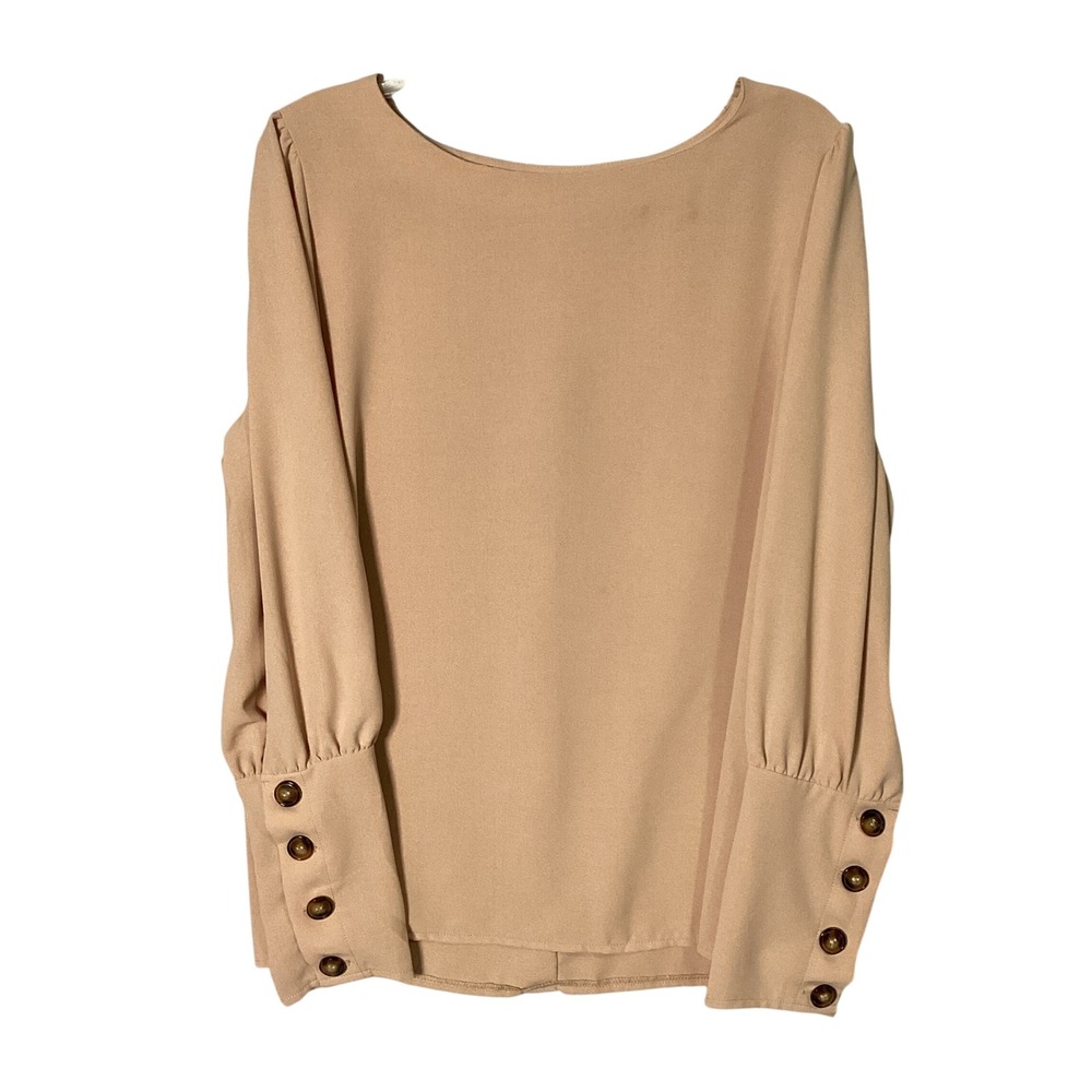 SHEIN Blouse Women XL Tan Faux Button Back Long Sleeve Office Top